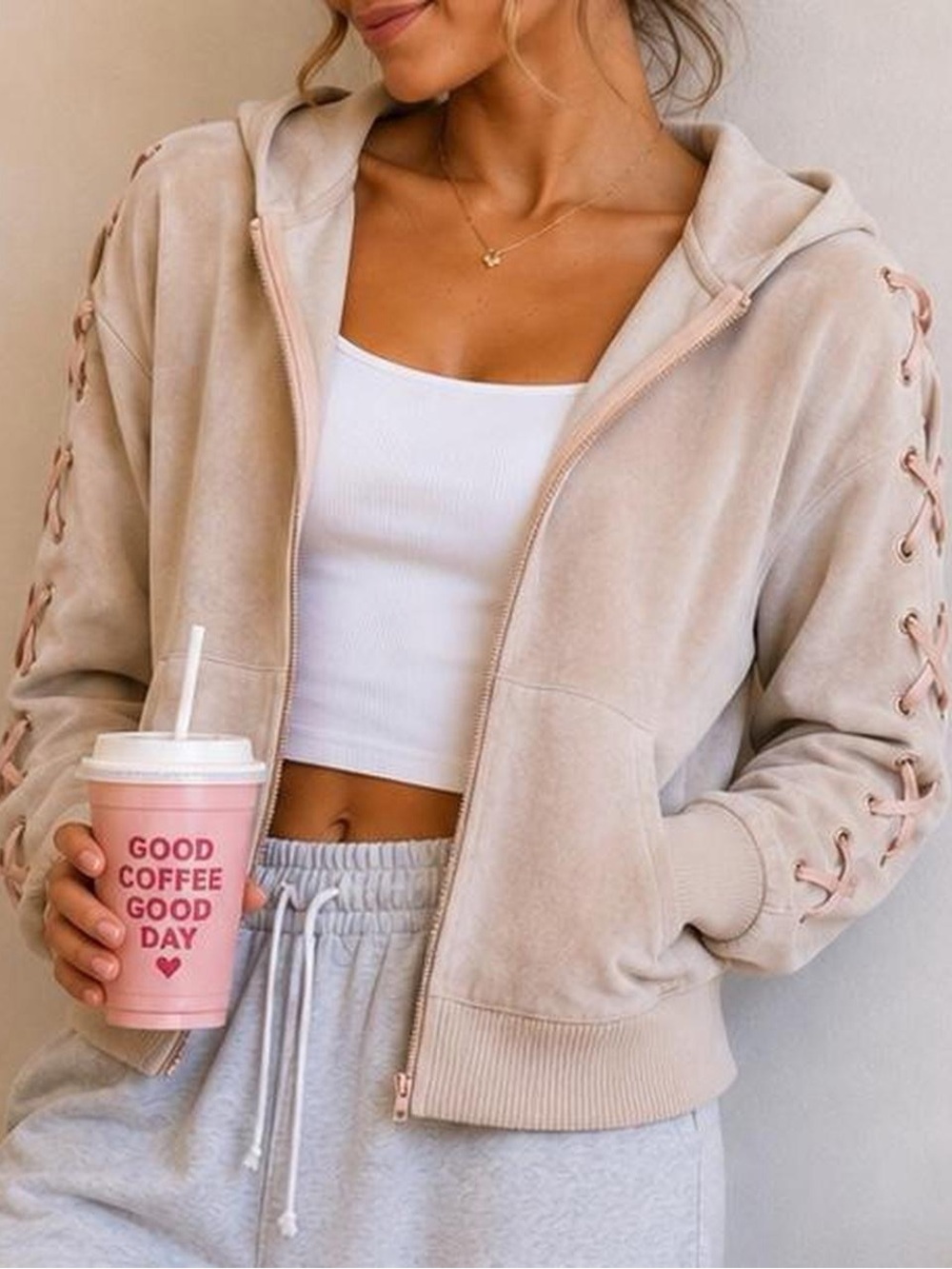 Victoria Sport Blush Pink Lace Up Sleeve Full Zip Hoodie XS
